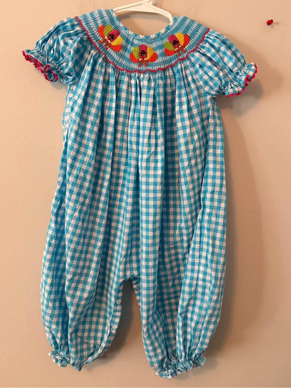 Smocked Threads By Cecil & Lou Blue Gingham Turkey Romper